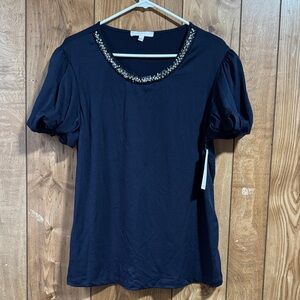 Embellished Navy Puff Sleeve Top